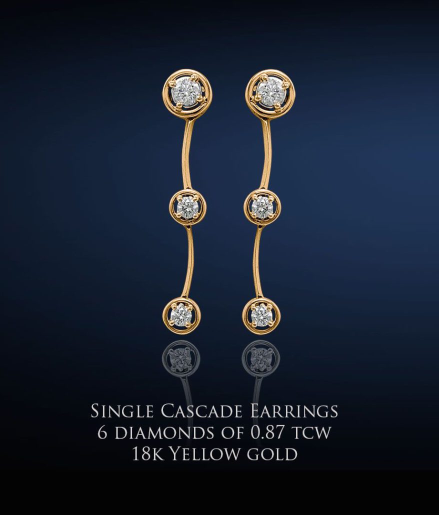 Single Cascade Earrings - 6 Diamonds of 0.87 TCW set in 18K Yellow Gold