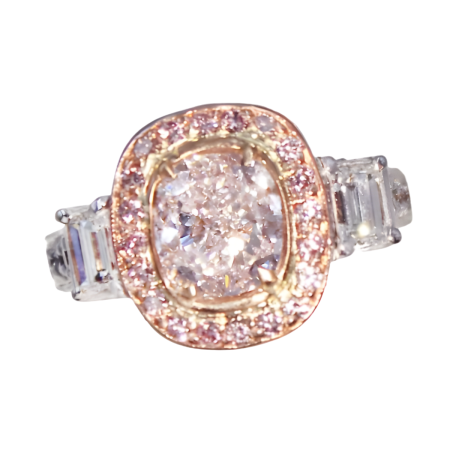 2.03cts Fancy Light Pink Diamond, GIA Certified with 2 side Emerald Cut HVS2 Diamonds weighing 1.06cts, surrounded by 48 Pink Sapphires. (1)
