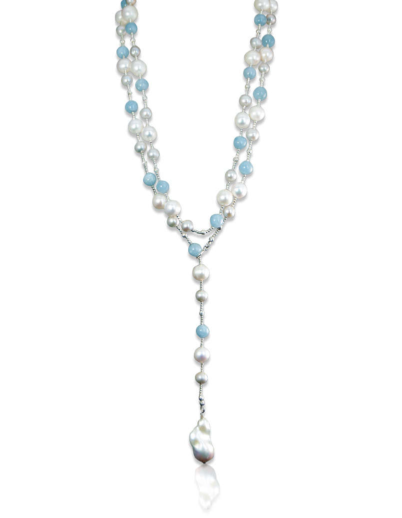 TED MUEHLING 18K & TAHITIAN PEARL NECKLACE WITH AQUAMARINE, MOONSTONE