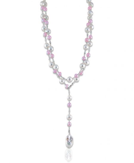 Rose Quartz Lariat Pearl Necklace