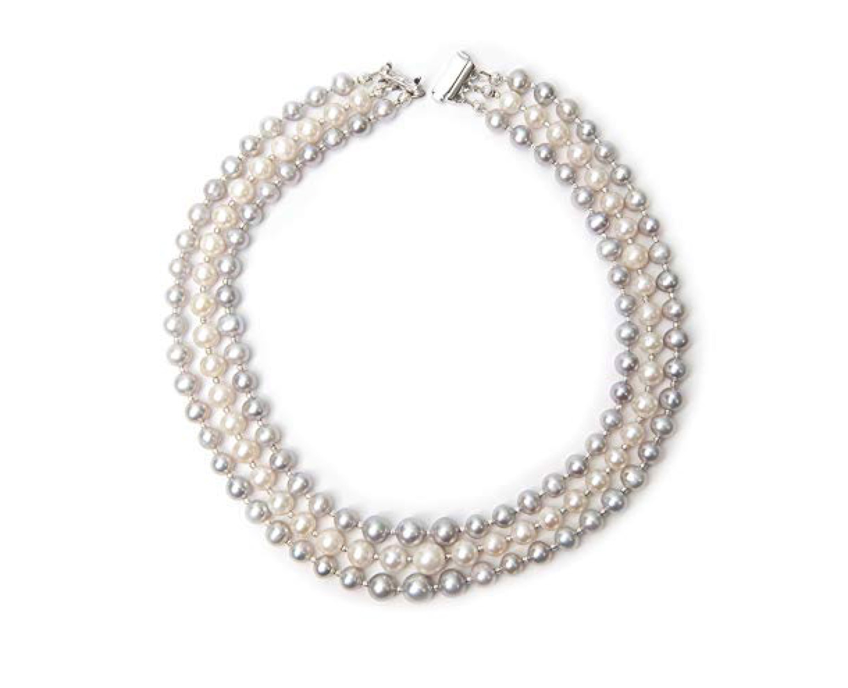Multi Strand Pearl Necklace With Grey Freshwater Pearl 