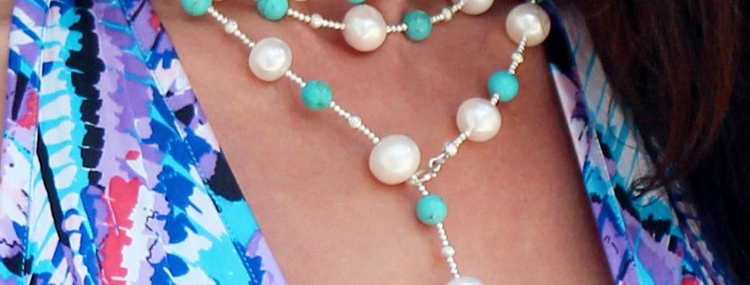 The Palm Beach Lariat in Turquoise and Gray Pearls