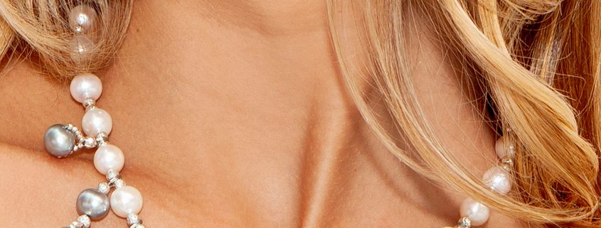 The Open Fan Necklace with Gray and White Freshwater Pearls