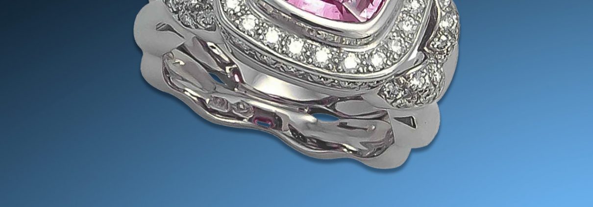 18K White Gold Flowing Lines Pink Sapphire and Diamond Ring