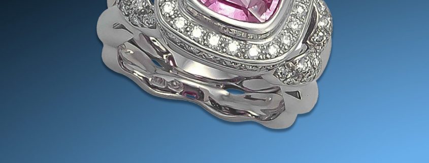 18K White Gold Flowing Lines Pink Sapphire and Diamond Ring