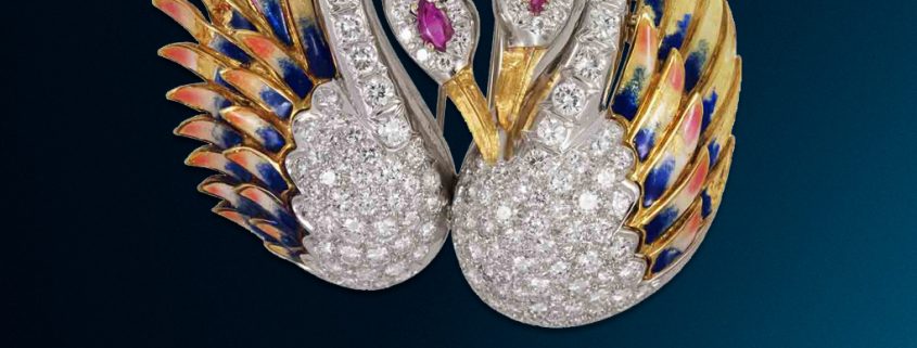 Diamond and Pink Sapphire Swan Broach