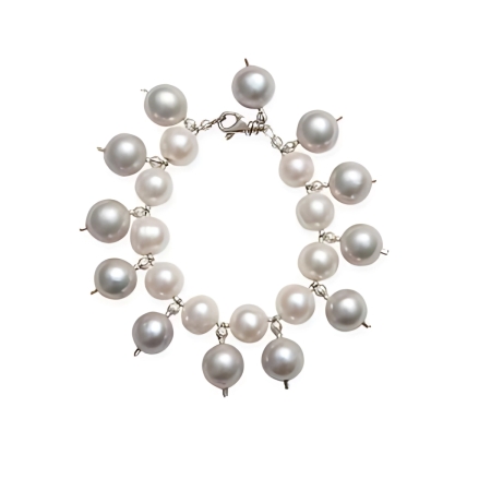 23931 The Sea Grape Bracelet is made with White Freshwater Pearls with Grey Pearl Drops Beautifully Accented With Diamond Cut Sterling Silver Beads