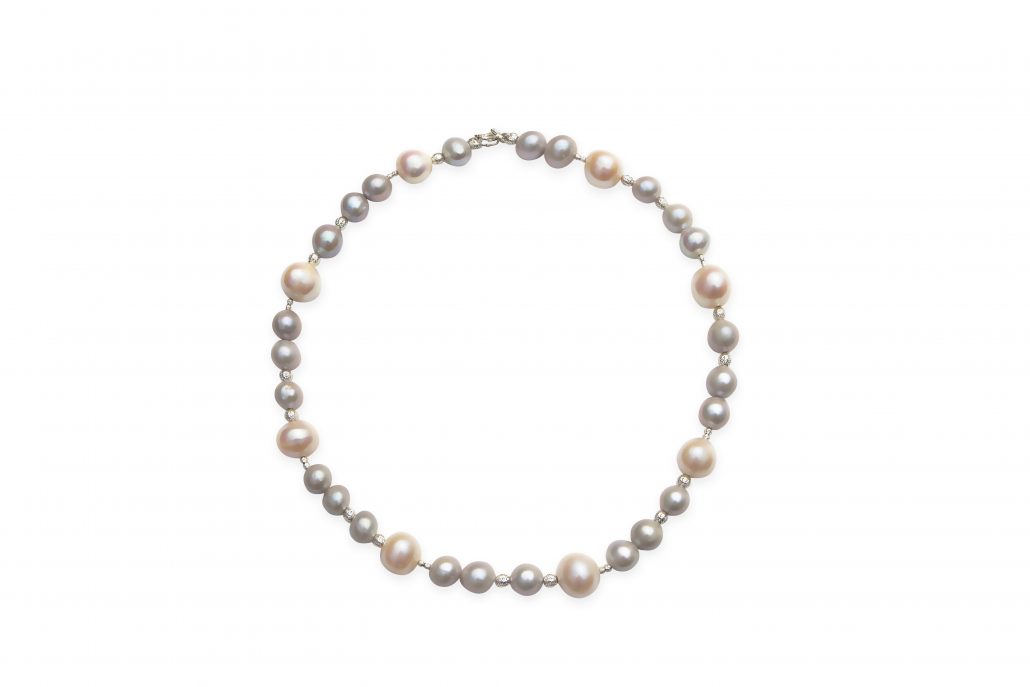 Grey and White Freshwater Pearl Necklace with Diamond Cut Beads