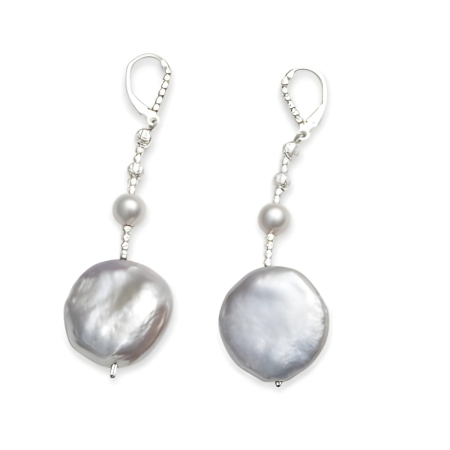 23969 Grey Coin Pearls Drop Earrings Beautifully Accented with Diamond Cut Sterling Silver Beads Includes a Certificate of Guarantee