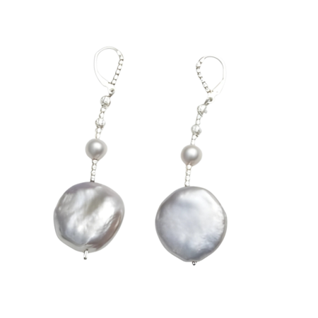 23969 Grey Coin Pearls Drop EarringsBeautifully Accented with Diamond Cut Sterling Silver BeadsIncludes a Certificate of Guarantee