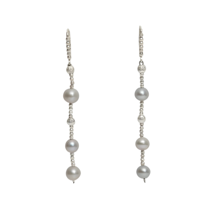 23970 Pearl Dangle Earrings with Sterling Silver Diamond Cut BeadsBeautifully Accented with Diamond Cut Sterling Silver BeadsIncludes a Certificate of Guarantee