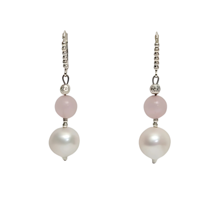 24018 Freshwater White Pearl and Rose Quartz Dangle EarringsBeautifully Accented with Diamond Cut Sterling Silver BeadsIncludes a Certificate of Guarantee