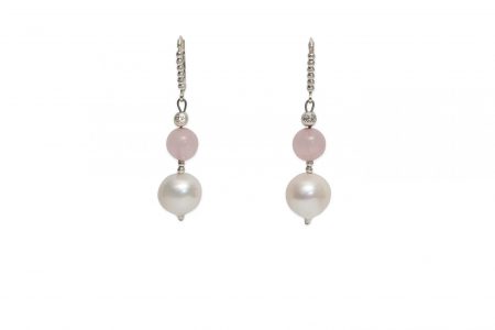 Freshwater White Pearl and Rose Quartz Dangle Earrings