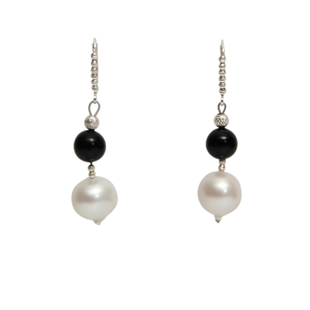 24019 Pearl & Onyx EarringsBeautifully Accented with Diamond Cut Sterling Silver BeadsIncludes a Certificate of Guarantee