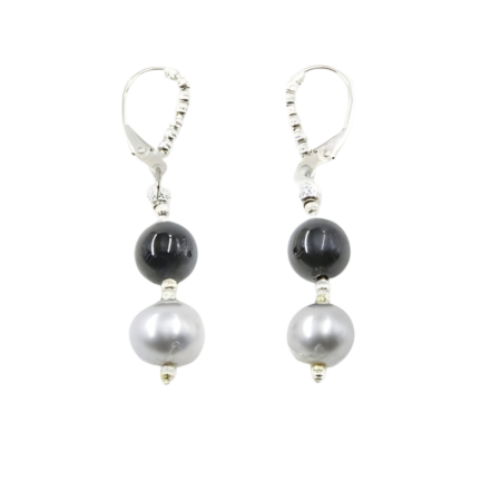 24028 Freshwater Grey Pearl and Onyx Bead Dangle Earrings Beautifully Accented with Diamond Cut Sterling Silver Beads Includes a Certificate of Guarantee