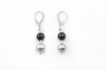 Freshwater Grey Pearl and Onyx Bead Dangle Earrings
