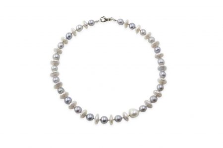 White Coin Pearl and Grey Pearl Necklace with Silver Diamond Cut Bead