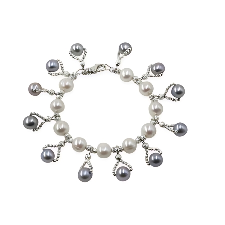 24039 White Freshwater Pearl Bracelet with Black Dyed Grey Pearl Drops Beautifully Accented with Diamond Cut Sterling Silver Beads Includes a Certificate of Guarantee