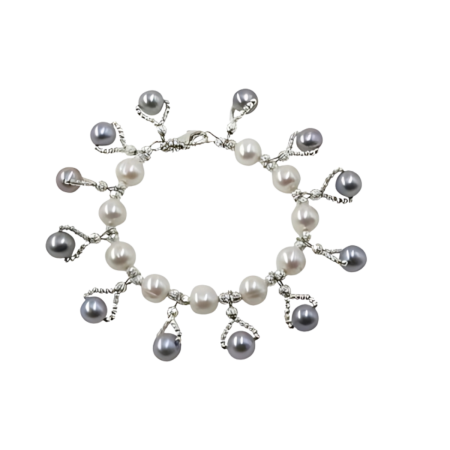 24039 White Freshwater Pearl Bracelet with Black Dyed Grey Pearl DropsBeautifully Accented with Diamond Cut Sterling Silver BeadsIncludes a Certificate of Guarantee