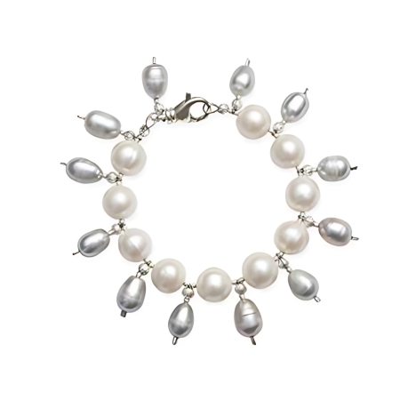 24041A Freshwater Grey Pearl Bracelet with Grey Pearl Drops Beautifully Accented with Diamond Cut Sterling Silver Beads