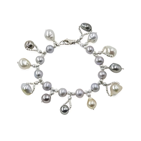 24042 Grey Freshwater Pearl Bracelet With Multicolored South Sea Pearl Drops Beautifully Accented With Diamond Cut Sterling Silver Beads Includes a Certificate of Guarantee