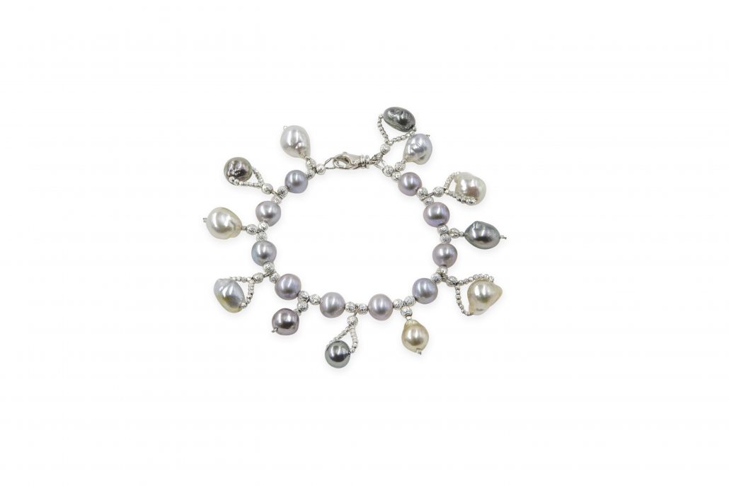 Grey Freshwater Pearl Bracelet With Multicolored South Sea Pearl Drops
