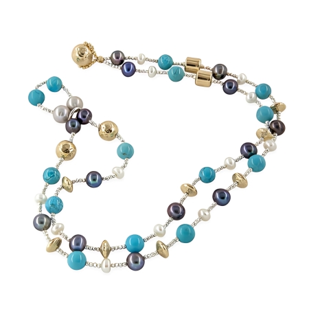 24055 Turquoise and Freshwater White Pearl, Black Dyed Pearl & Gold Bead Wrap Bracelet Beautifully Accented With Diamond Cut Sterling Silver Beads Includes a Certificate of Guarantee