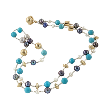 24055 Turquoise and Freshwater White Pearl, Black Dyed Pearl & Gold Bead Wrap BraceletBeautifully Accented With Diamond Cut Sterling Silver BeadsIncludes a Certificate of Guarantee