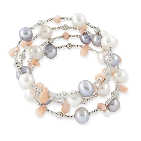 24061 Grey and White Pearl Spiral Bracelet with Coral Beads and White Gold Beads Beautifully Accented With Diamond Cut Sterling Silver Beads Includes a Certificate of Guarantee