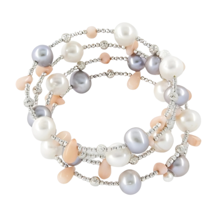 24061 Grey and White Pearl Spiral Bracelet with Coral Beads and White Gold BeadsBeautifully Accented With Diamond Cut Sterling Silver BeadsIncludes a Certificate of Guarantee (1)