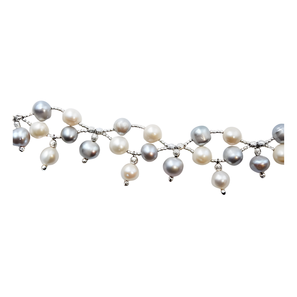 24141 Diamond Shape Freshwater Grey & White Pearl Bracelet with DropsBeautifully Accented With Diamond Cut Sterling Silver BeadsIncludes a Certificate of Guarantee