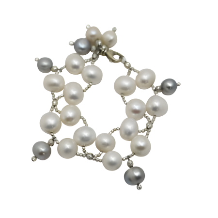 24143 Freshwater White Pearl Bracelet with Grey DropsBeautifully Accented With Diamond Cut Sterling Silver BeadsIncludes a Certificate of Guarantee