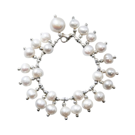 24145 Freshwater White Pearl Bracelet With Pearl DropsBeautifully Accented With Diamond Cut Sterling Silver BeadsIncludes a Certificate of Guarantee