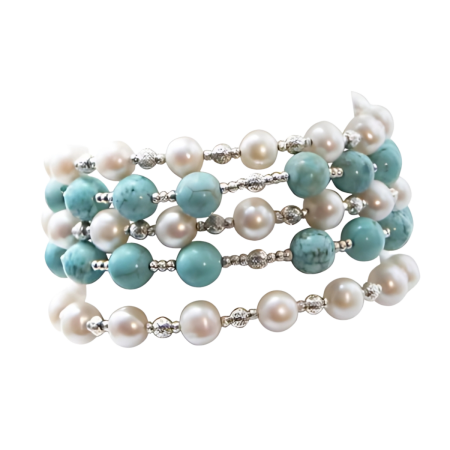 24146 A striking blend of elegance and color, this 5 row bracelet features radiant white freshwater pearls and vibrant turquoise for a bold yet sophisticated statement. (1)
