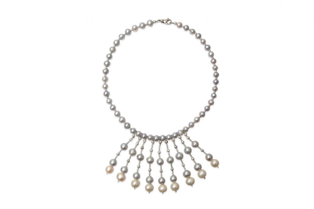 Freshwater Grey Pearl Fan Necklace With White & Grey Pearl Drops
