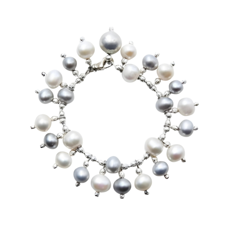 24169 Freshwater Grey & White Pearl Ladder BraceletBeautifully Accented With Diamond Cut Sterling Silver BeadsIncludes a Certificate of Guarantee (1)
