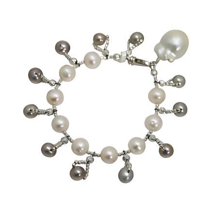 24174 Freshwater Grey & White Pearl Dangle Bracelet with Baroque Drop Beautifully Accented with Diamond Cut Sterling Silver Beads Includes a Certificate of Guarantee