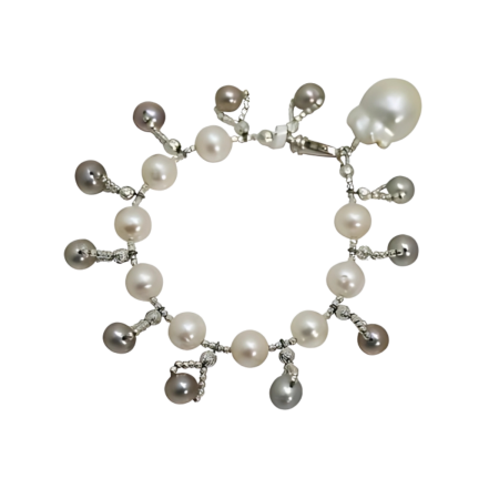 24174 Freshwater Grey & White Pearl Dangle Bracelet with Baroque DropBeautifully Accented with Diamond Cut Sterling Silver BeadsIncludes a Certificate of Guarantee