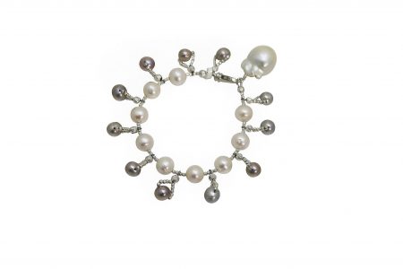 Freshwater Grey & White Pearl Dangle Bracelet with Baroque Drop