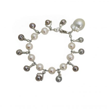 Freshwater Grey & White Pearl Dangle Bracelet with Baroque Drop