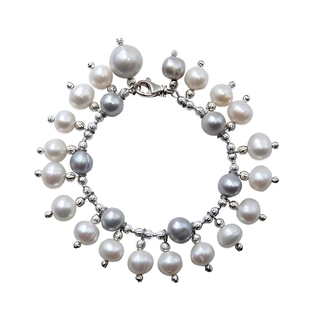 24175 Grey Pearl Bracelet With White Pearl Drops & 1 Single Grey Drop Beautifully Accented With Diamond Cut Sterling Silver Beads Includes a Certificate of Guarantee