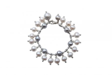 Grey Pearl Bracelet With White Pearl Drops & 1 Single Grey Drop
