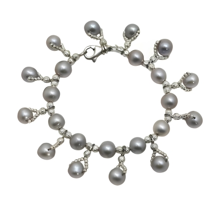 24181 Freshwater Grey Pearl Bracelet with Grey Pearl Drops Beautifully Accented with Diamond Cut Sterling Silver Beads Includes a Certificate of Guarantee (1)