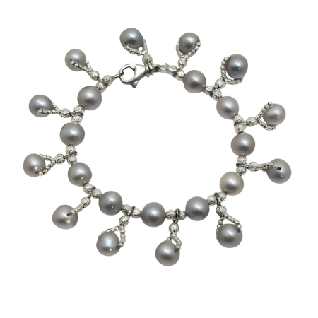 24181 Freshwater Grey Pearl Bracelet with Grey Pearl DropsBeautifully Accented with Diamond Cut Sterling Silver BeadsIncludes a Certificate of Guarantee