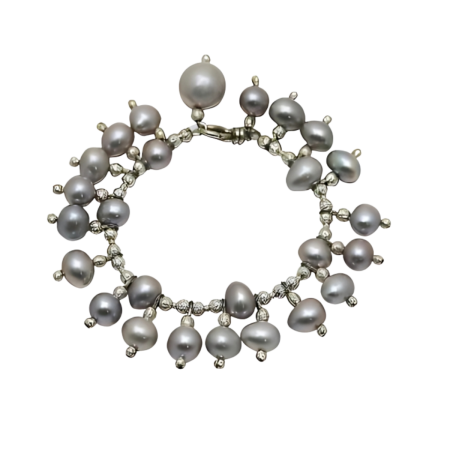 24184 Freshwater Grey Pearl Bracelet With Large Grey Pearl DropsBeautifully Accented with Diamond Cut Sterling Silver BeadsIncludes a Certificate of Guarantee (1)