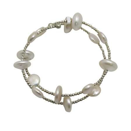24188 Memory Bracelet with Freshwater White Coin Pearls Beautifully Accented With Diamond Cut Sterling Silver Beads Includes a Certificate of Guarantee