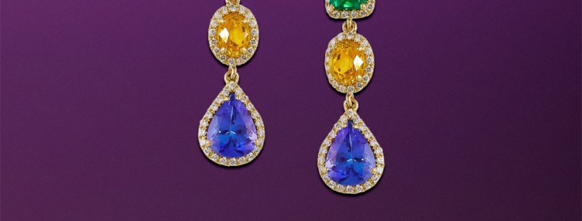 18K Sapphire, Emerald and Tanzanite Earrings