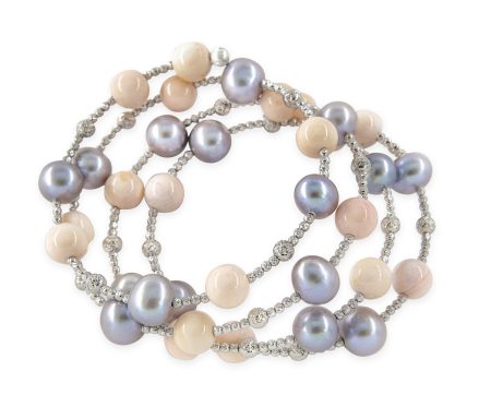 Freshwater Grey Pearls With Coral Beads Spiral Bracelet White Gold