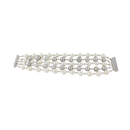23930 Five Strand Pearl BraceletBeautifully Accented With Diamond Cut Sterling Silver Beads