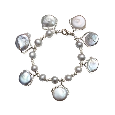 23935 Grey Coin Drop Bracelet Beautifully Accented With Diamond Cut Sterling Silver Beads